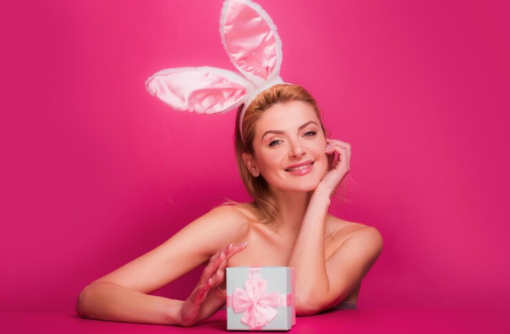 Foto mulher feliz com caixa de presentes e orelhas de coelho na celebração de páscoa isolada em rosa