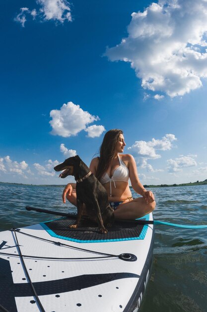 Foto mulher feliz com cão na tábua