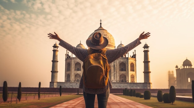 Mulher feliz com chapéu e mochila levantando os braços contra o fundo do Taj Mahal