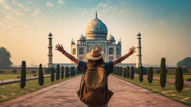 Mulher feliz com chapéu e mochila levantando os braços contra o fundo do Taj Mahal