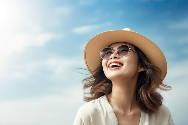 Mulher feliz com chapéu e óculos de sol olhando para o céu