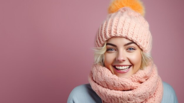 Mulher feliz com lenço e chapéu com espaço para cópia em um fundo colorido