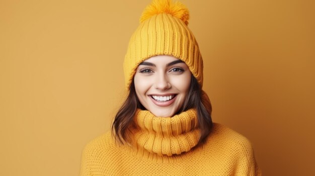 Mulher feliz com lenço e chapéu com espaço para cópia em um fundo colorido