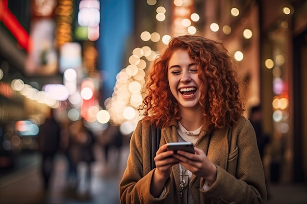 Mulher feliz com telefone inteligente na rua