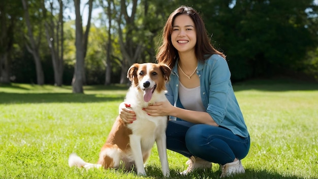 Mulher feliz com um cão