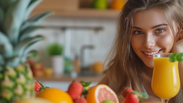 Mulher feliz com um smoothie vegano ou um shake vegetariano sentada em sua cozinha