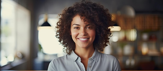 Mulher feliz confiante no café com cabelo encaracolado sorrindo