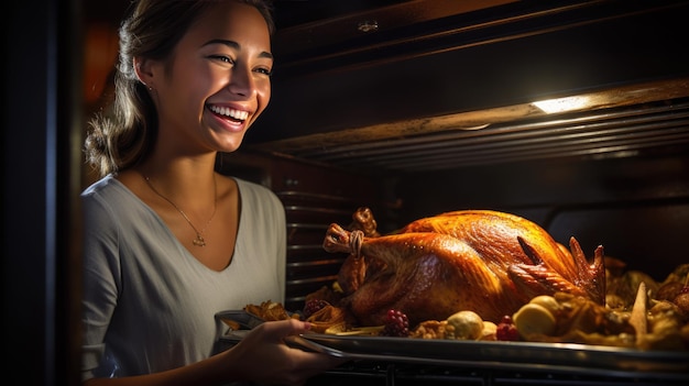 Foto mulher feliz cozinha um peru em sua cozinha em homenagem a uma festa de ação de graças