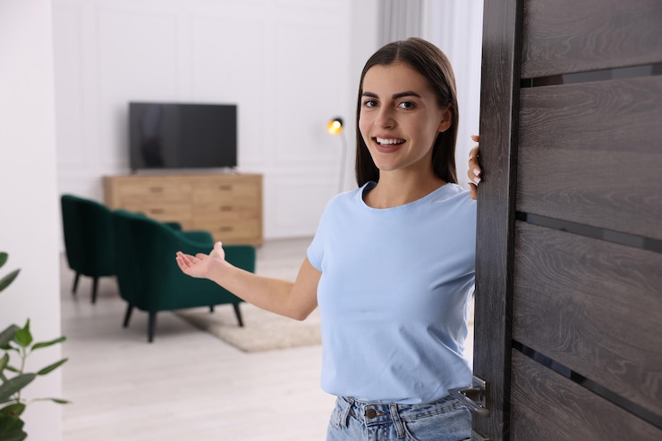 Foto mulher feliz dando as boas-vindas perto da porta convidando-a a entrar