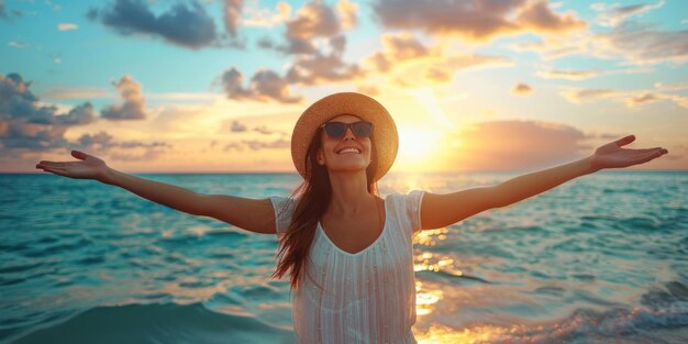 Mulher feliz de costas para o mar ao pôr-do-sol com os braços abertos.