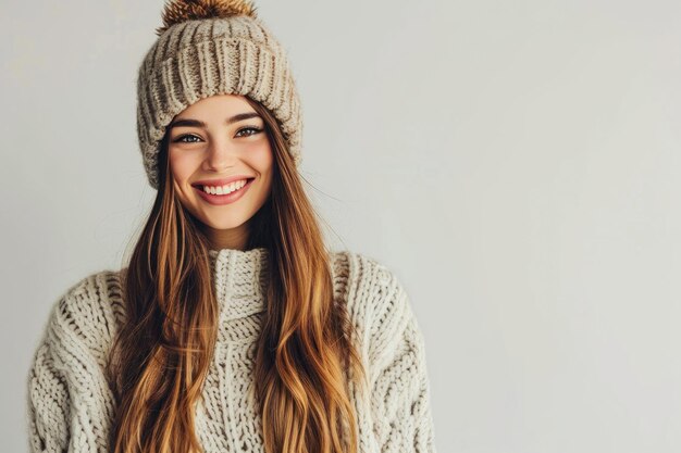 Foto mulher feliz de inverno em suéter ensemble