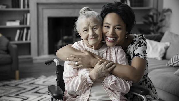 Mulher feliz de meia-idade a abraçar uma senhora mais velha.