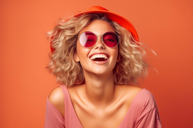 Mulher feliz de verão elegante posando com chapéu sorriso entusiasmado cores de design de tendências