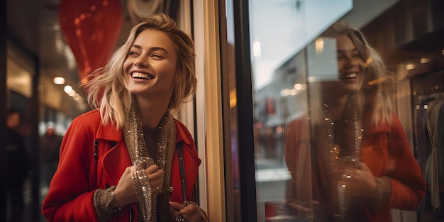 Mulher feliz de vermelho aproveitando momentos alegres da vida noturna urbana na cidade refletidos em uma vitrine AI