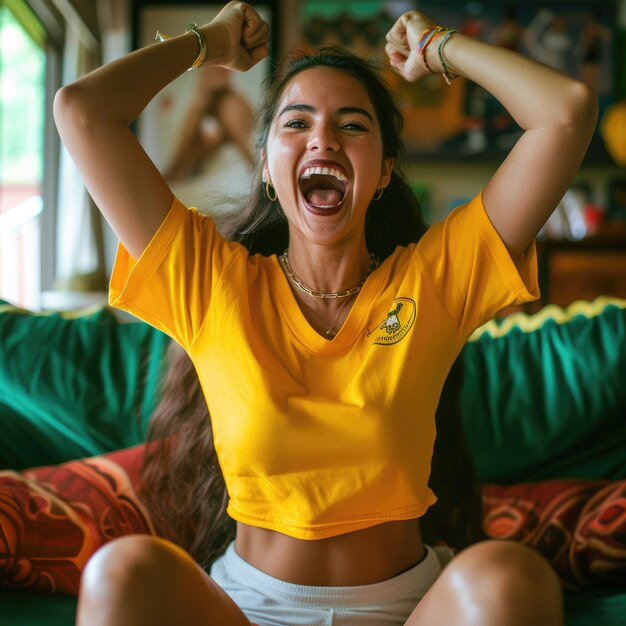 Foto mulher feliz de vermelho levanta os braços mostrando sorriso alegre e gesto aig