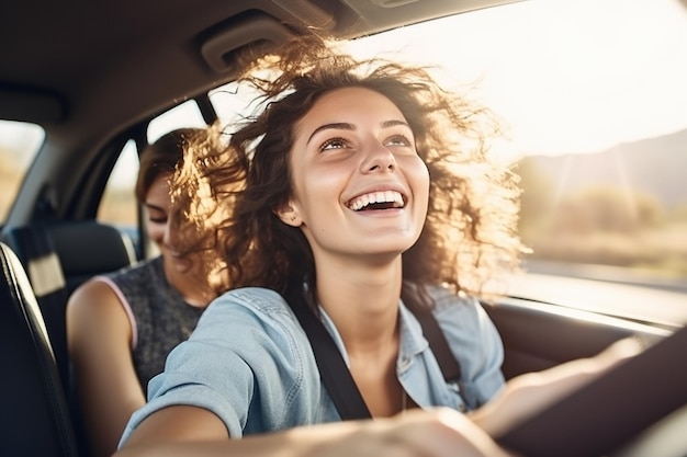 Foto mulher feliz desfrutando de férias de verão em viagem de estrada ai generative