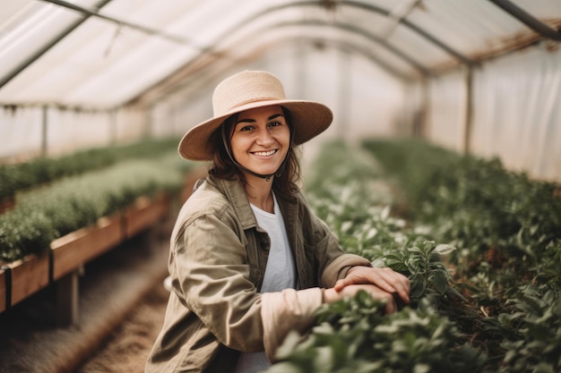 Mulher feliz do fazendeiro que trabalha dentro da estufa agrícola