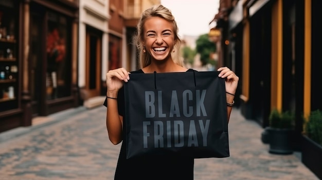 Mulher feliz e animada segurando um saco de papel de compras da Black Friday no conceito de venda de desconto em shopping