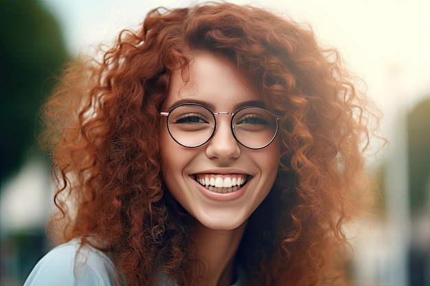 Mulher feliz e satisfeita usando retrato de óculos fora do Generative Ai