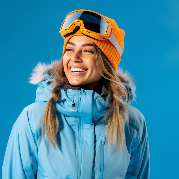 Mulher feliz e sorridente com uma jaqueta acolchoada quente