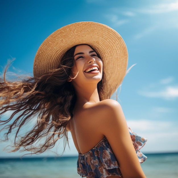 Mulher feliz e sorrindo na praia