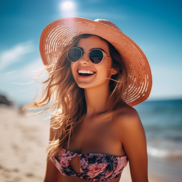 Mulher feliz e sorrindo na praia