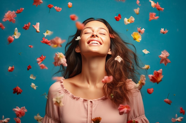 Mulher feliz em flores, menina alegre entre flores, cabelo e sorriso emocionalmente esvoaçantes