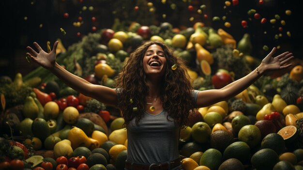 Foto mulher feliz em fundo de frutas e legumes