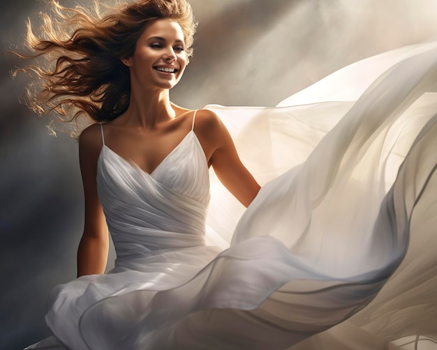 Mulher feliz em um vestido branco imagem de estoque