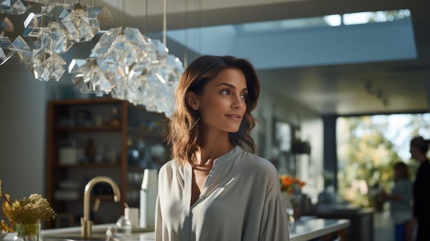 Mulher feliz em uma cozinha moderna