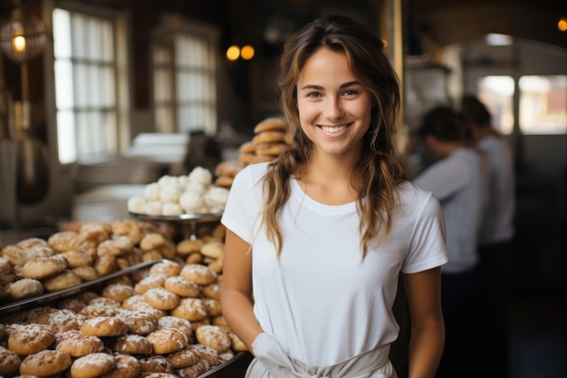 Mulher feliz em uma padaria com seus deliciosos doces gerados por IA