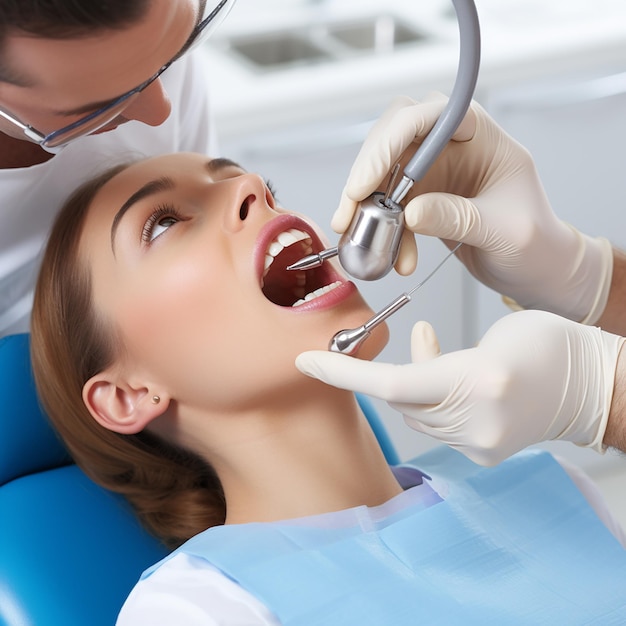 Mulher feliz fazendo check-up odontológico na odontologia Dentista usando equipamento odontológico para exame