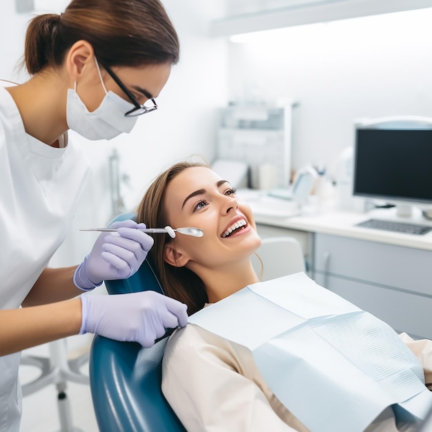 Mulher feliz fazendo check-up odontológico na odontologia Dentista usando equipamento odontológico para exame