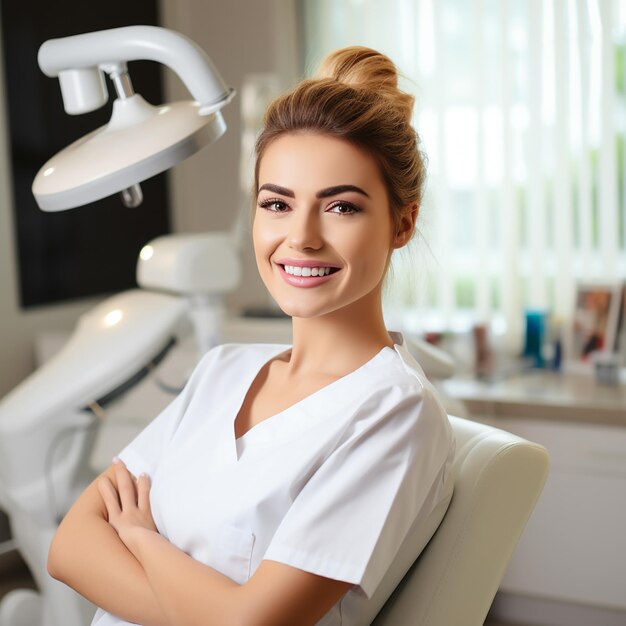 Mulher feliz fazendo check-up odontológico na odontologia Dentista usando equipamento odontológico para exame