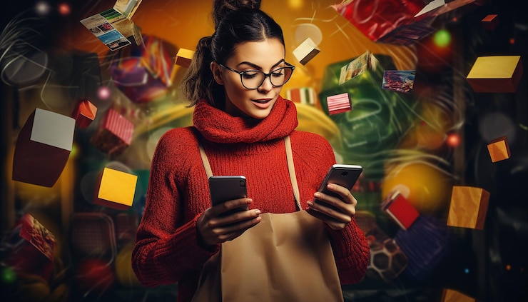 Foto mulher feliz fazendo compras pelo telefone na black friday com desconto em compras on-line