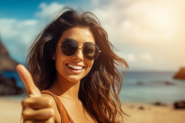 Foto mulher feliz mostrando o polegar na praia férias de verão geradas por ia