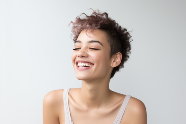 Mulher feliz na camisa branca