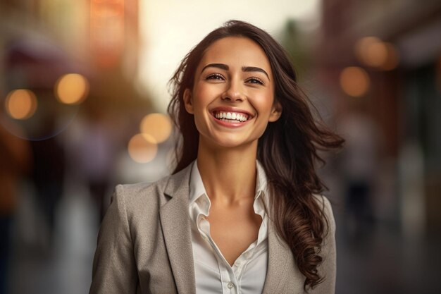 mulher feliz na rua com um sorriso