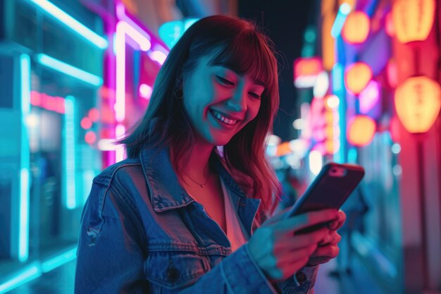 Mulher feliz navegando no smartphone na rua iluminada por néon à noite