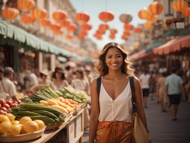 Foto mulher feliz no mercado vagabundo