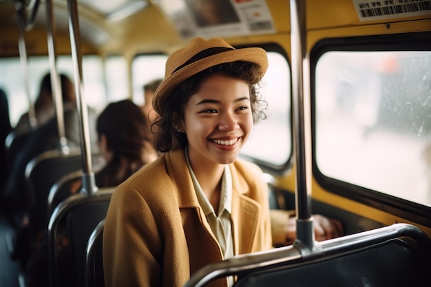 Foto mulher feliz no ônibus anima os passageiros