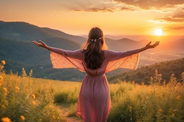 Mulher feliz no pôr-do-sol na natureza no verão com as mãos abertas