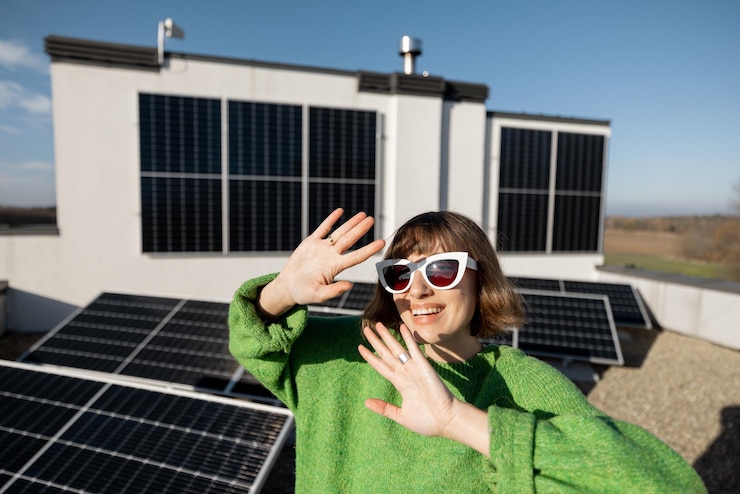 Foto mulher feliz no telhado com usina solar