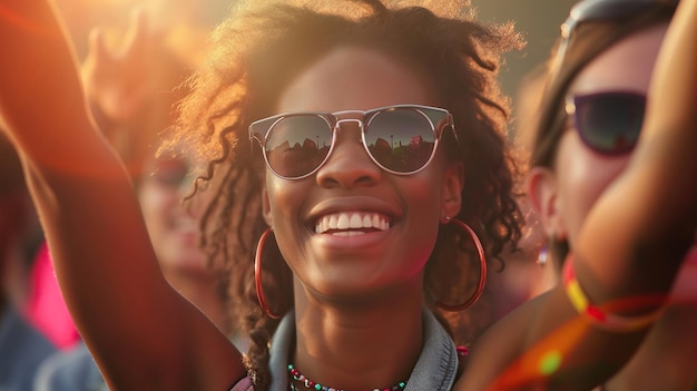 mulher feliz num festival de música