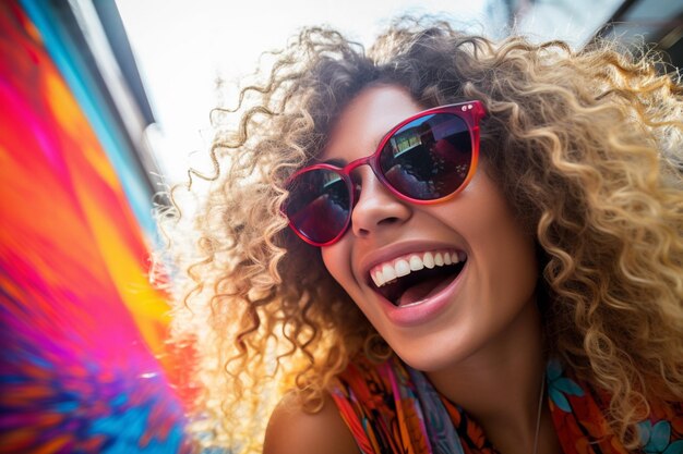 Foto mulher feliz óculos de sol grandes