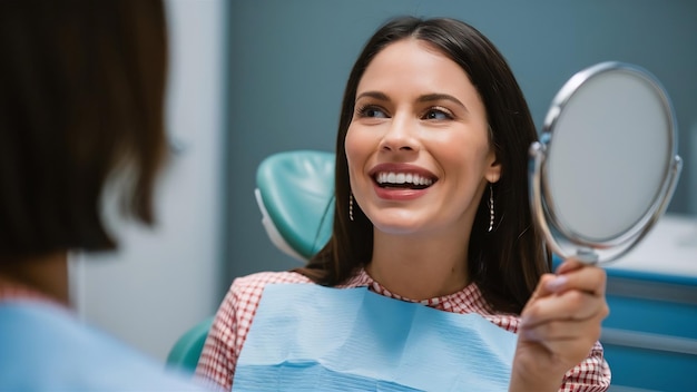 Mulher feliz olha para os dentes no espelho sentada no consultório do dentista