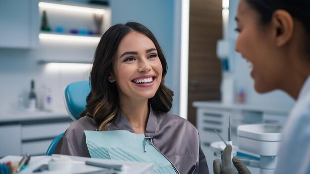 Mulher feliz olha para os dentes no espelho sentada no consultório do dentista