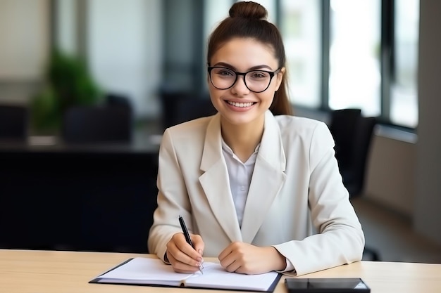 Mulher feliz olhando para a câmera enquanto está sentado no escritório