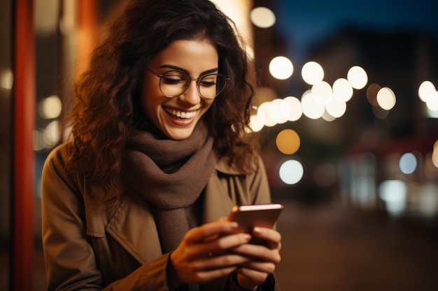 Foto mulher feliz olhando uma mensagem em seu smartphone