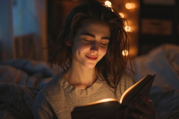 Foto mulher feliz orando na sala escura mulher sorridente